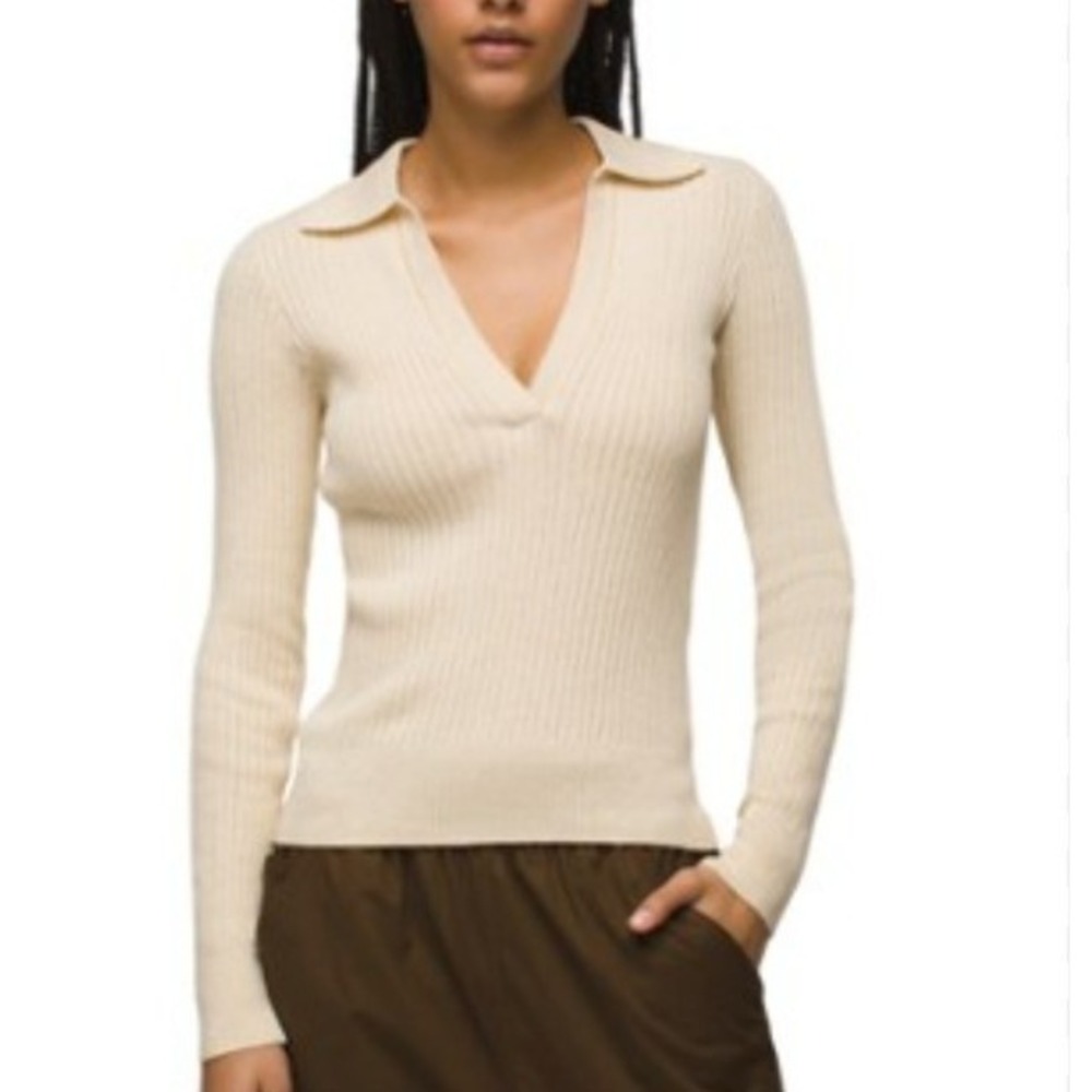 prAna Milani Polo Sweater Women SZ M Rib  knit Collar V neck fitted  Cotton wool